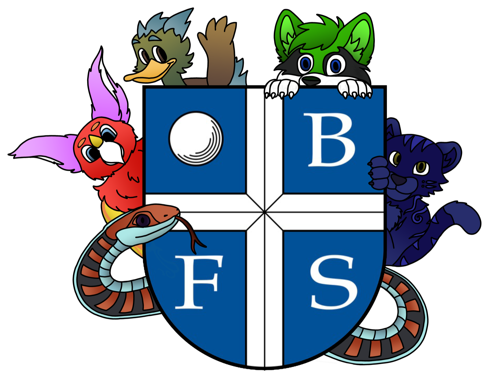 Das Buslfurs-Wappen, umgeben von sechs bunten Furry-Charakteren
